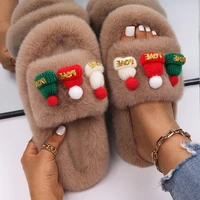 furry slippers women christmas woolen hat decor faux fur slides ladies flip flops designer fur sandals bedroom slippers shoes