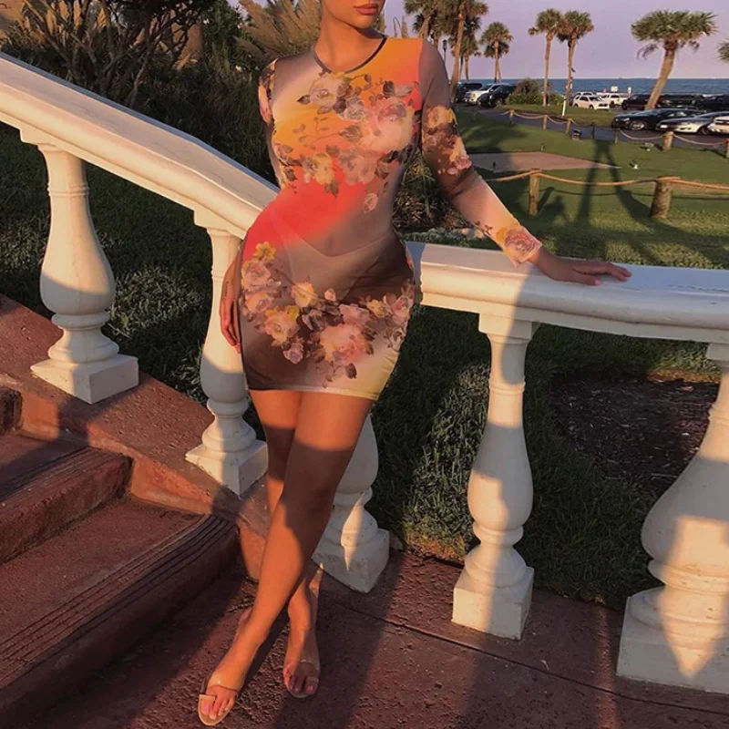 

Long Sleeve Floral Tie-dye Print Hip Bag Mini Dress Mesh See Through Party Clubwear Bodycon Fashion Sexy Summer Women's Dress