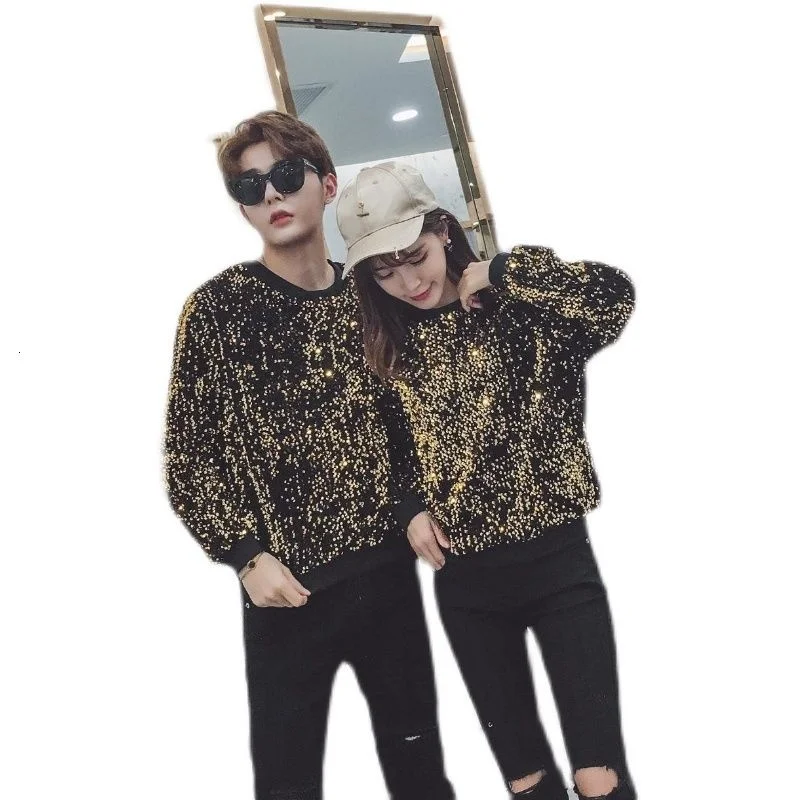 

New Hoodie Sweatshirt Gold Youth Hip-hop Paillette Men Sequin Embroidery T-shirt Top Costume Party Dress Free Shipping