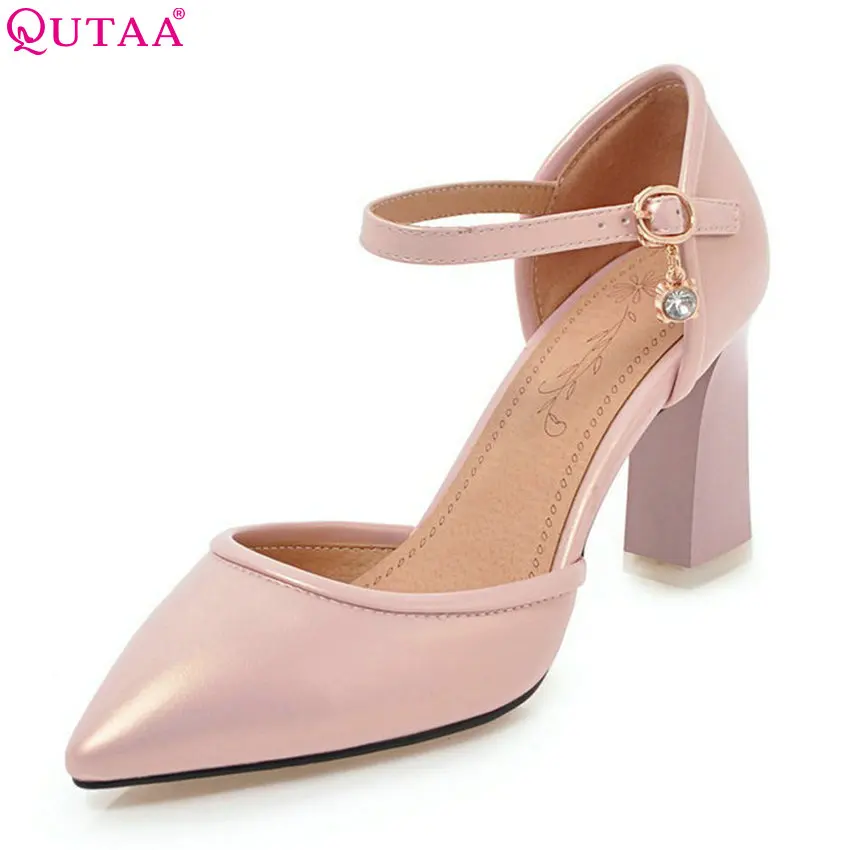 Женские туфли-лодочки QUTAA розовые туфли на высоком квадратном каблуке с острым
