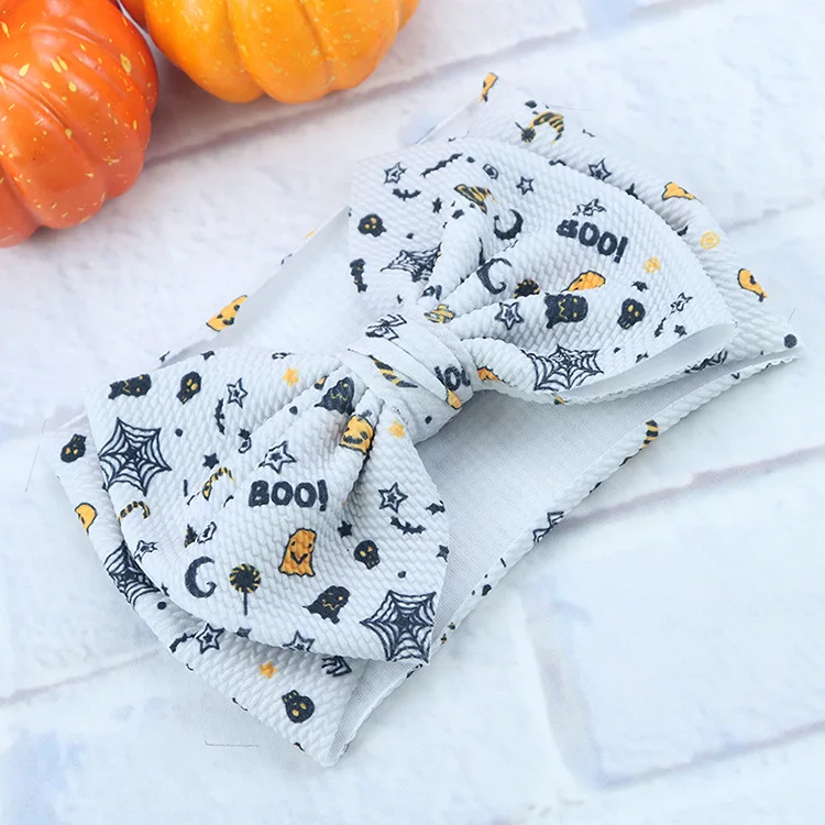 New Halloween Print Turban 7'' Big Hair Bows Headband For Girls Head Wraps Textured Fabric Elastic DIY Kids Accessories |