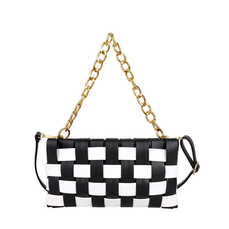 Color Contrast Weave Small Cute PU Leather Crossbody Bags for Women 2021 Simple Branded Luxury Gold Chain Shoulder Handbags