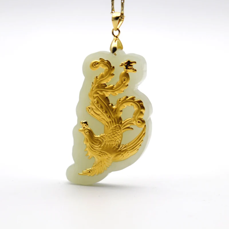 

Send Certificate Natural Hetian Jade Men Women Necklace Phoenix 24k Gold Pendants For Male Female High Quality Fine Jewelry