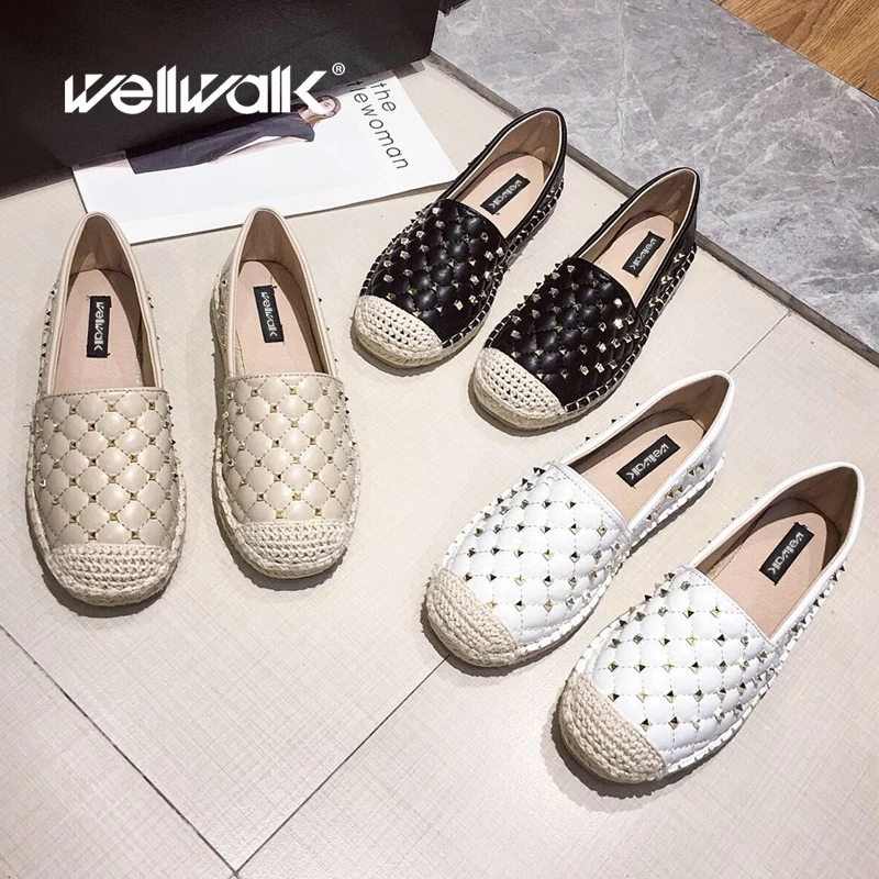 

Rivet Stud Loafers Women Flats Hemp Shoes Round Toe Espadrilles Female Slip On Casual Shoe Woman Spring Autumn Designer Moccasin