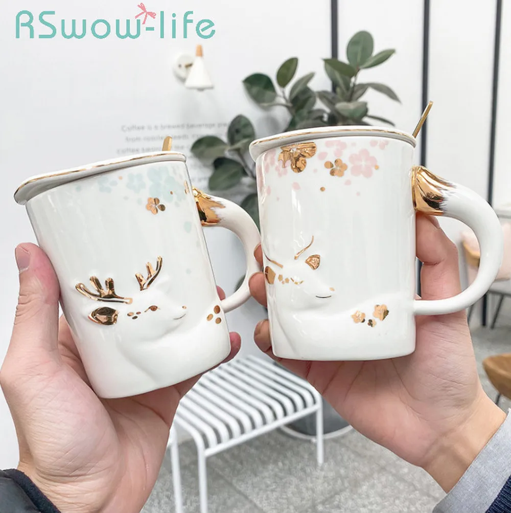 Креативная рельефная позолоченная керамическая чашка с крышкой и ложкой простая