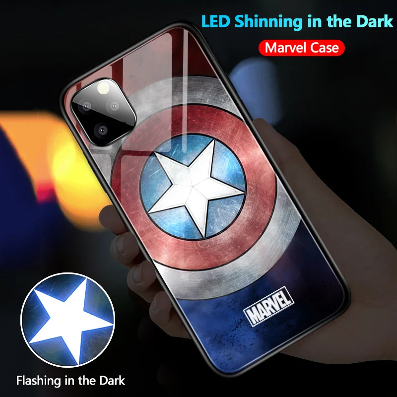 Captain American Для iPhone 6 7 8 Plus X XR XS Max 11 Pro светодиодный мигающий чехол Marvel Мстители Железный человек паук Veno закаленное стекло - Цвет: Captain American