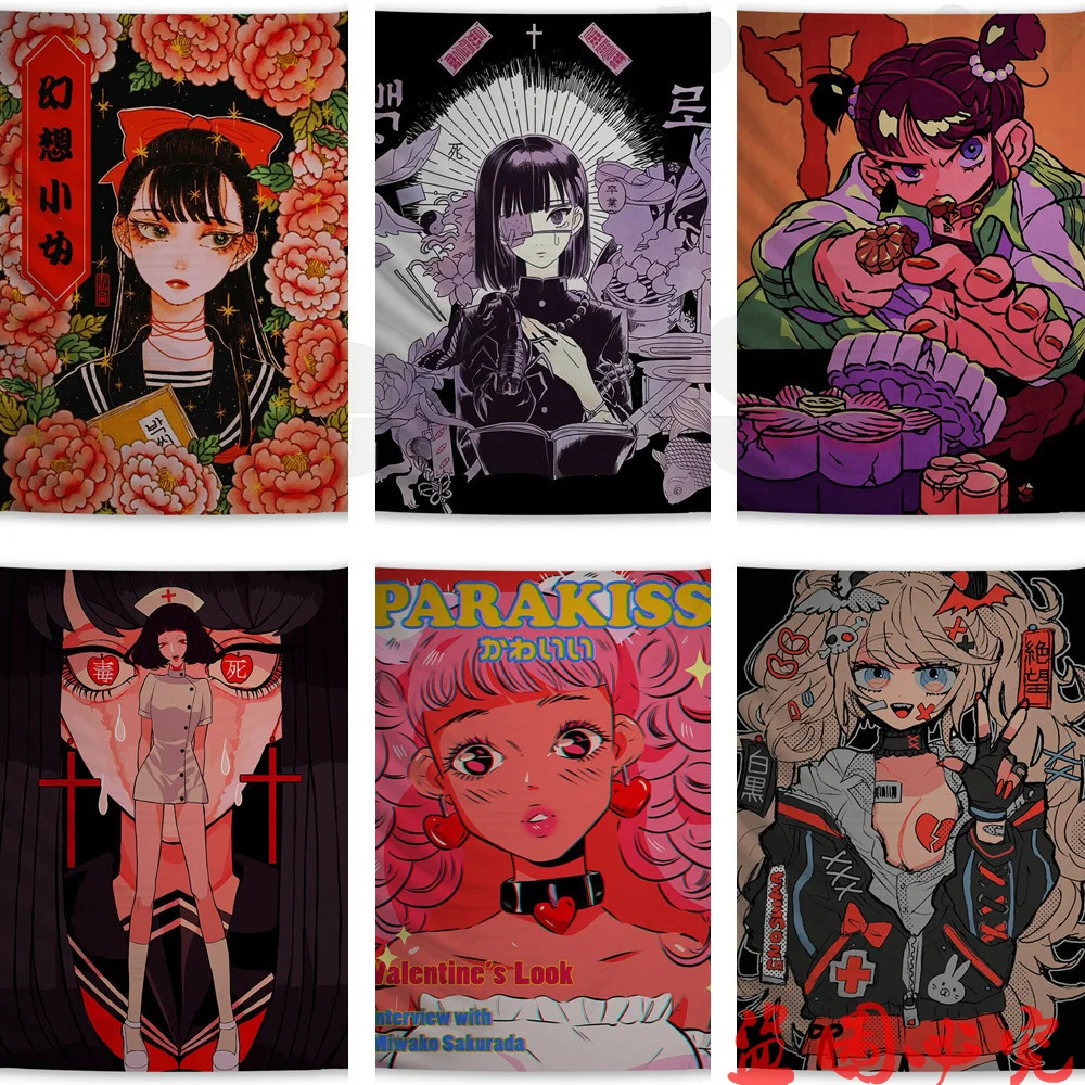 

NEW Kawaii Anime Girl Illustration Hanging Tapestry Aesthetic Japanese Women Tapestries Blankets Ins Style Art Wall Poster