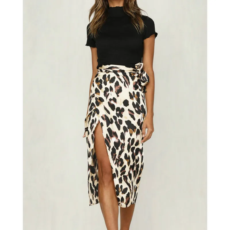Популярная женская юбка с высокой талией и леопардовым принтом длинная разрезом