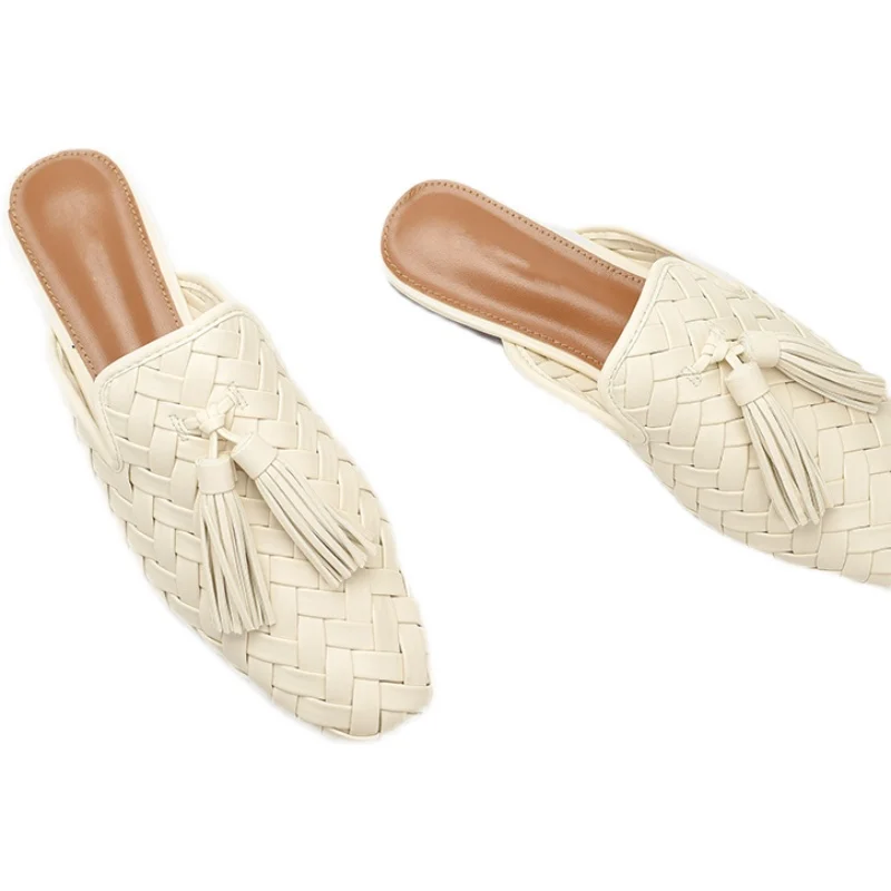 

Shoes Woman 2021 Slippers Flat Cover Toe Female Mule Luxury Slides Low Pantofle Fringe Mules Designer Soft Square New PU Basic R