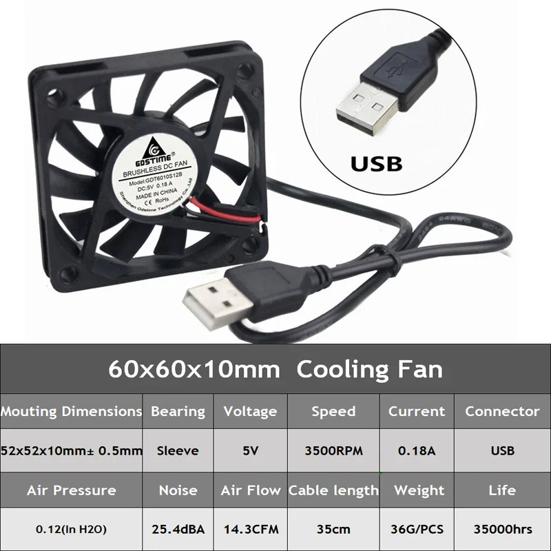 2 шт. Gdstime DC 5 В USB 6 см 60x60x10 мм 60 чехол для компьютера ПК Вентилятор охлаждения 6010