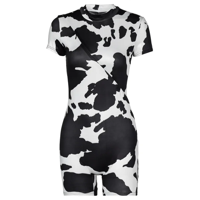 

Women Printing Jumpsuit High Waist Zipper Bodysuit Sexy Short Sleeve Playsuit Overall