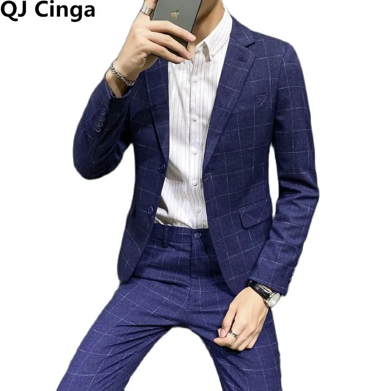 

Spring/Autumn Blue Plaid 2 Piece Men's (Jacket + Pants) Business/Wedding Blazer Coat and Pants Black Gray Party Suit