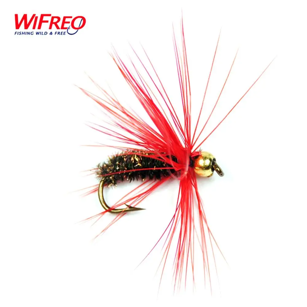 

10PCS WIFREO 10# Red Hackle Golden Bead Head Peacock Nymph Flies Trout Fishing Flies