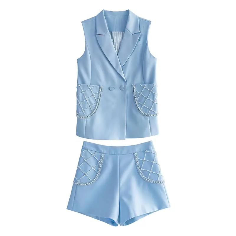 

XITAO New Women Short Sets Fashion Pearl Splicing Decoration Pocket Spring Autumn All-match Sleeve Notched Collar Top WMD1932