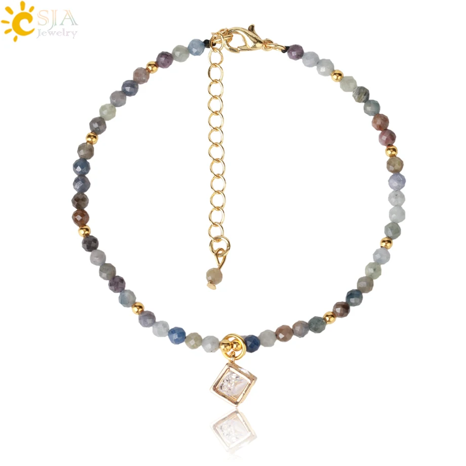 

CSJA Natural Stone Mini Bracelet Women 3mm Faceted Beads CZ Charm Friendship Bracelets Summer Statement Fashion Jewelry G910