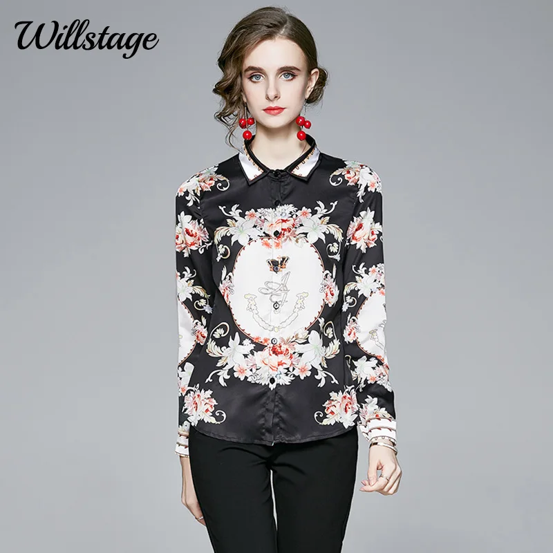 

Willstage Floral shirts long sleeve women blouse button positioning flower Elegant Ladies work wear 2020 Autumn clothes