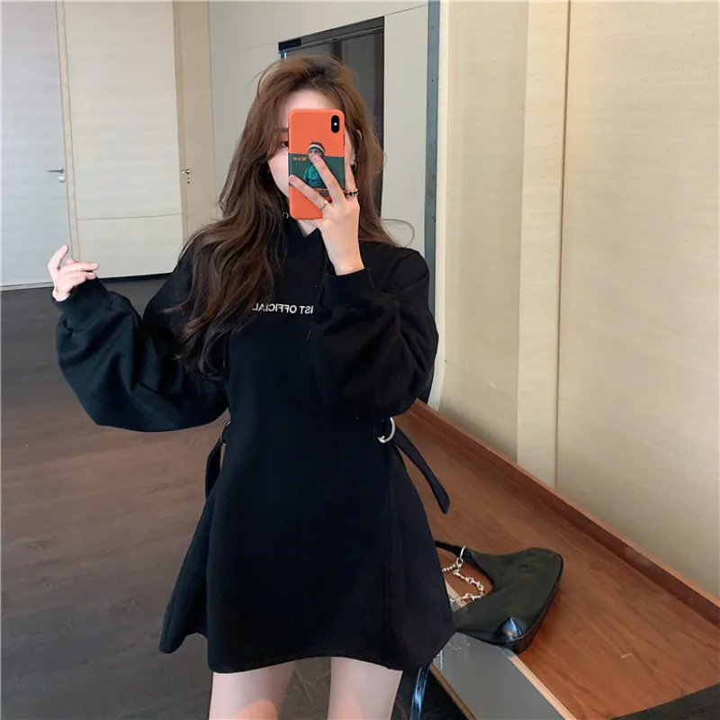 

2020 Autumn Winter Ins Women Hoodies Hooded Letter Embroidery Loose Casual Hoodie Dress Sweatshirt Thick Fleece Warm Pullover