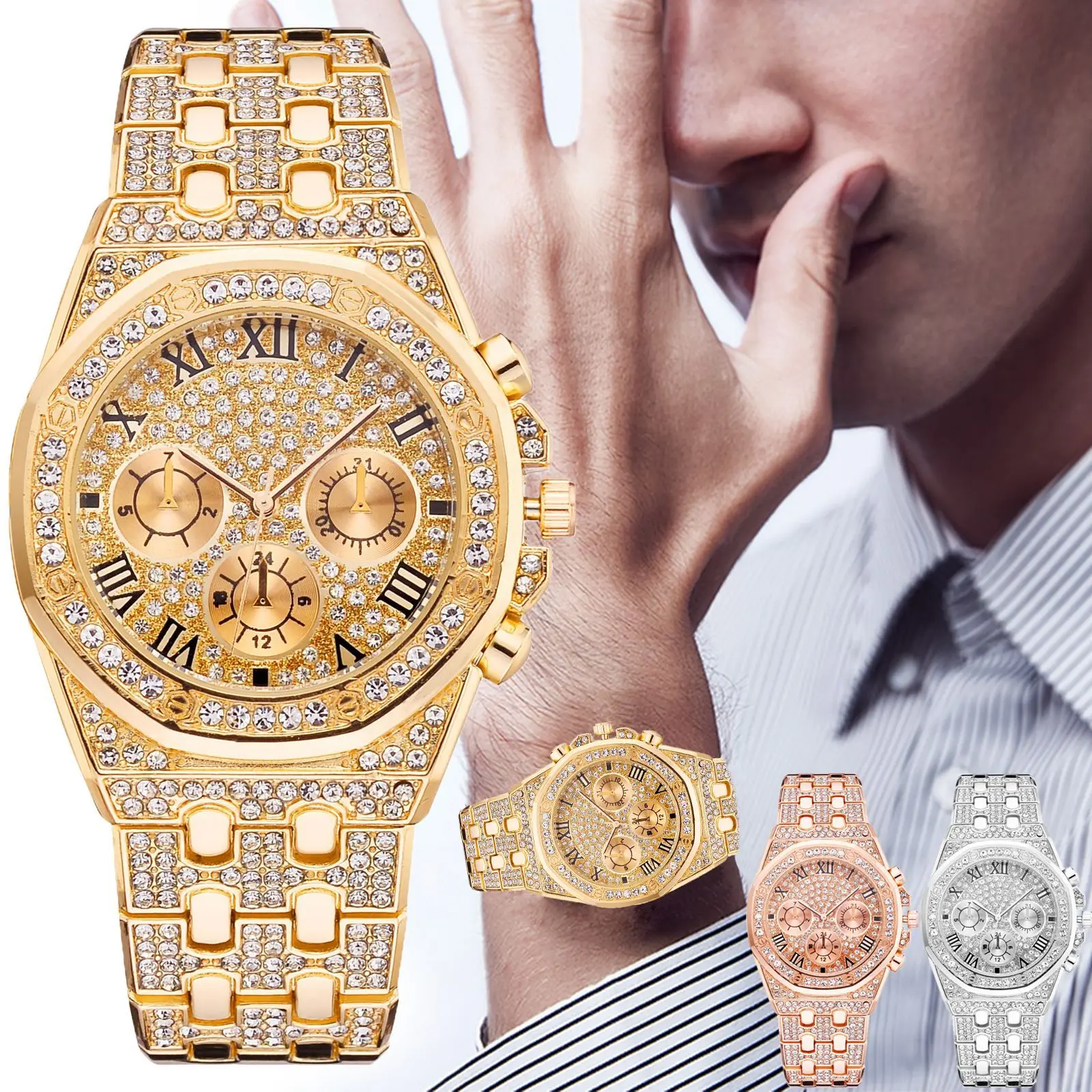 

Hot Style Men's Octagonal Rivet Watches Manufacturers Selling Diamond Watch For Men Three-Eye Dial Quartz Watch Jam Tangan