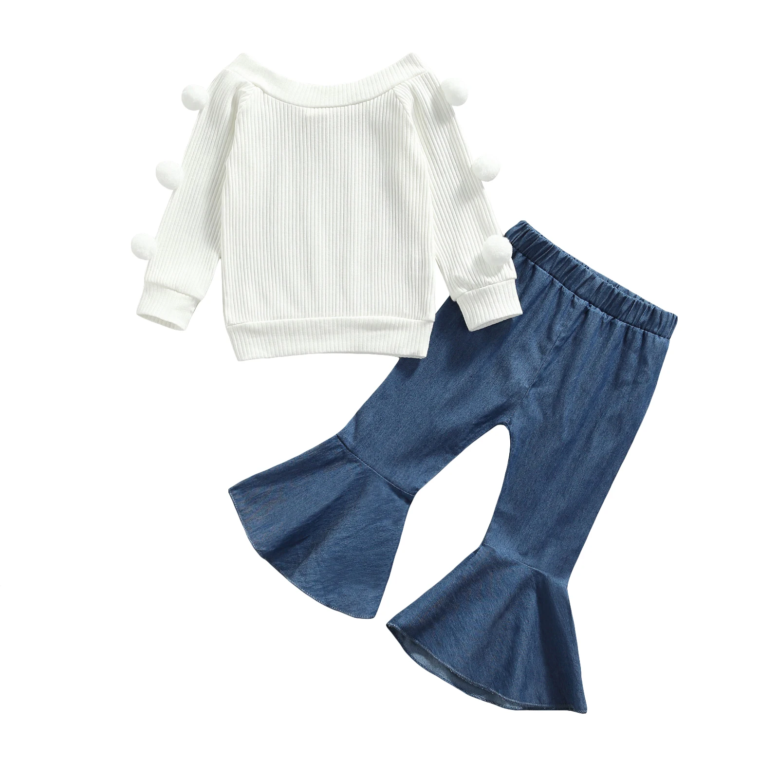 

Комплект из 2 предметов Lioraitiin для маленьких девочек от 0 до 4 лет, пуловер с круглым вырезом и длинным рукавом и расклешенные брюки с помпонами, 2021-07-02