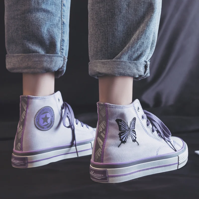 

Fashion High Top Canvas Shoes Women Patchwork Cute All-Match Lace-UpFlat Sneakers Girl Chic Reflective Embroidery Casual Shoes