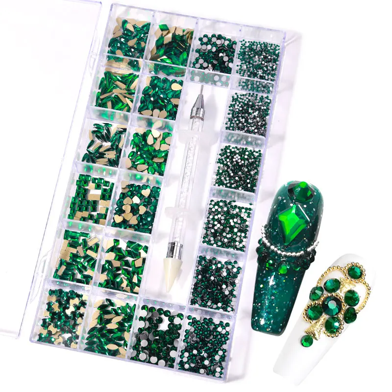 Misscheering 21 Grid Green Nail Rhinestones for DIY Manicure 2021 Fashion Multi-Size Glass Nails Accessories Art Decoration | Красота и