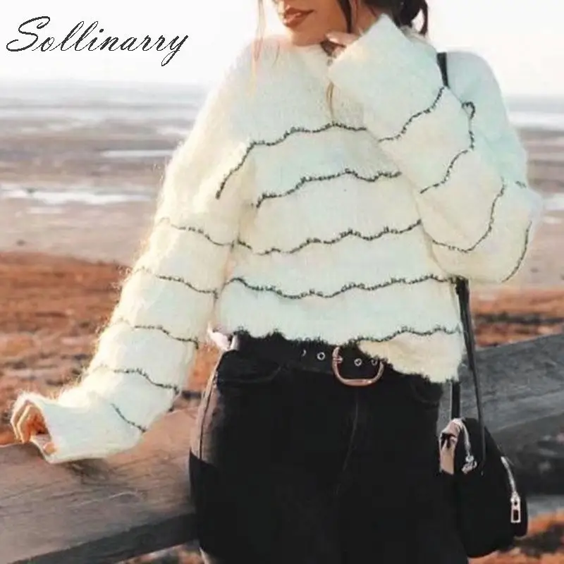 Sollinarry Oversize Women Casual Sweater Pullovers Fashion Long Sleeve White Layered Sweaters Jumper Winter Female knitted Fall | Женская
