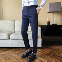 Calças de vestido de negócios dos homens cor sólida escritório social formal terno calças casuais streetwear casamento pantalon 2021 novo (2)