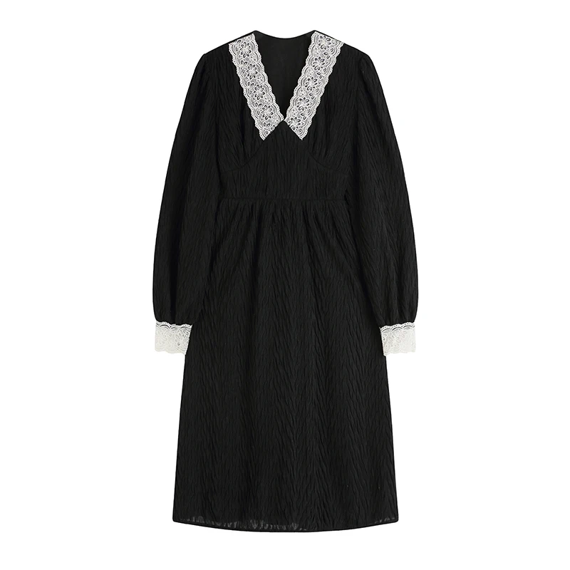 

2022 Women Lace Patchwork One Piece Dress Sweet Elegant Korean Female Slim Sexy Long Sleeve V-Neck Evening Party Midi Long Dress