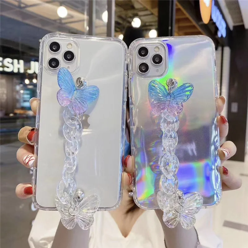 

3D Glitter transparent butterfly Acrylic wrist soft phone case for iphone 11 Pro MAX X XS XR 6S 7 8 plus SE 2020 rainbow cover