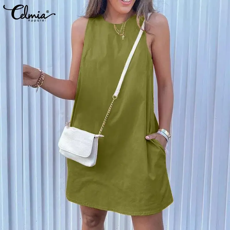 

2022 Celmia Women Summer Party Dress Sexy Sleeveless Casual Loose A Line Short Mini Sundress Vintage Pockets Solid Beach Vestido