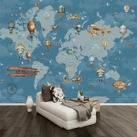 hand painted blue cartoon world map wall papers home decor hot air balloon plane childrens room background mural wallpaper 3d