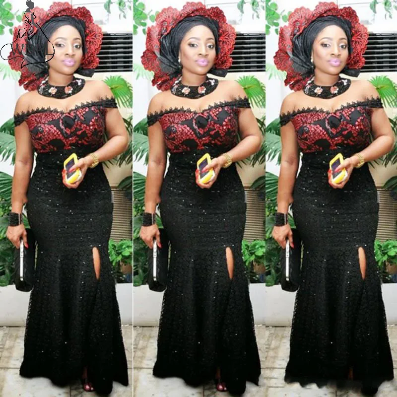Черный Aso Ebi черные кружевные сексуальные платья для выпускного вечера с открытыми плечами с разрезом по бокам Бальные платья русалки плюс размер красный блесток женское вечернее платье - Цвет: Черный