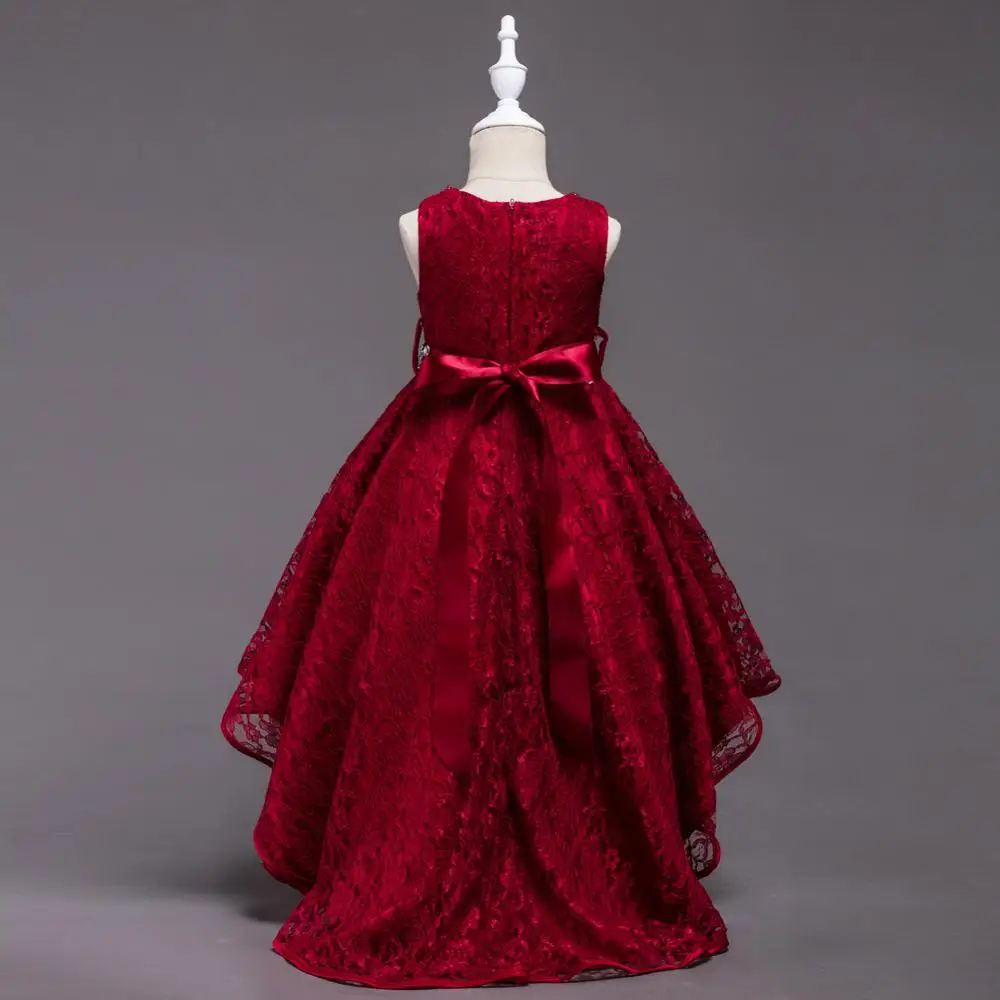 Lace Tea Length Pearl Sash Girl Clothing Princess Evening Dresses for Girls Red Beige Blue Black Asymmetrical Prom Dress | Детская