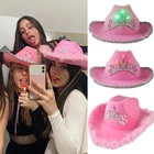 Розовая тиара в западном стиле, Женская фетровая шляпа в рулоне, ковбойская шляпа с перьями и блестками, светящаяся шляпа в западном стиле для вечевечерние