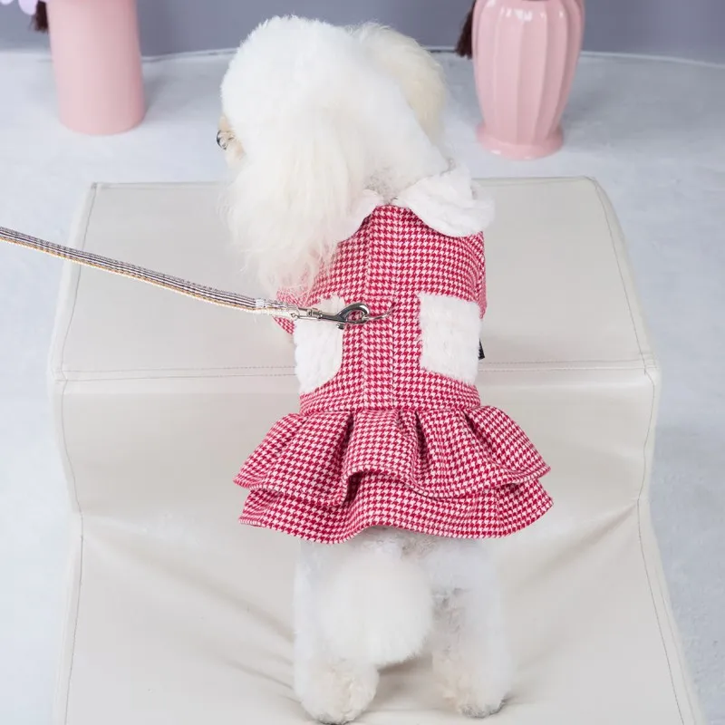 

Doll Collar Dog Clothes Dogs Harness Dresses Houndstooth Plaid Woolen Pet Skirt Thickens Winter Warm Cat Skirts Puppy Clothing