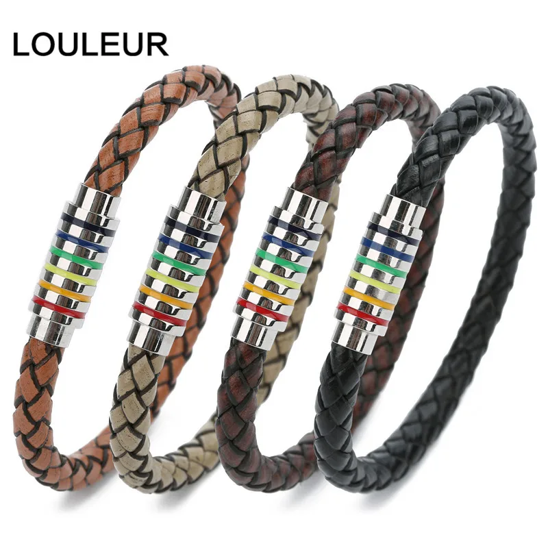 Мужской/женский кожаный браслет на запястье Радужный Браслет из нержавеющей