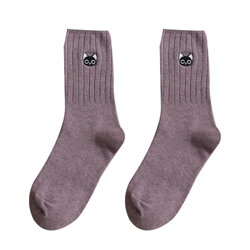 2020 New Cartoon Embroidery Cat Socks Women Harajuku Soft Breathable Cotton Cute Kitten Literary Casual Funny &amp Hosiery | Женская