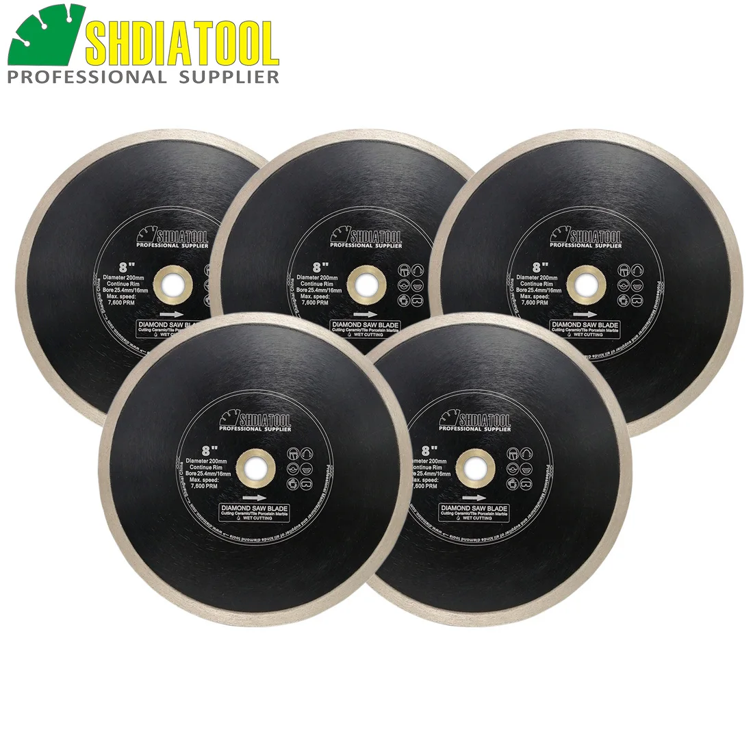 

SHDIATOOL 5pcs/set Dia 8"/200mm Hot-pressed Continue rim Diamond Cutting Disc Wet for Porcelain Tile Marble 8inch Saw Blades