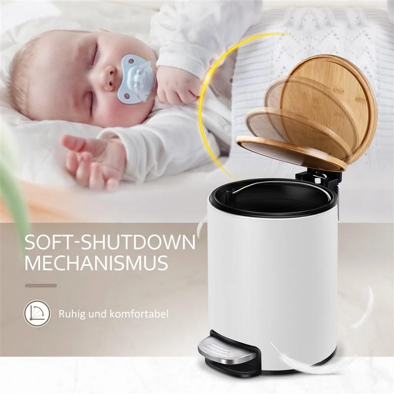 

Stainless Steel Trash Can with Bamboo Lid 3L Step-on Garbage Container Trash Bin for Kitchen Bathroom Bedroom White