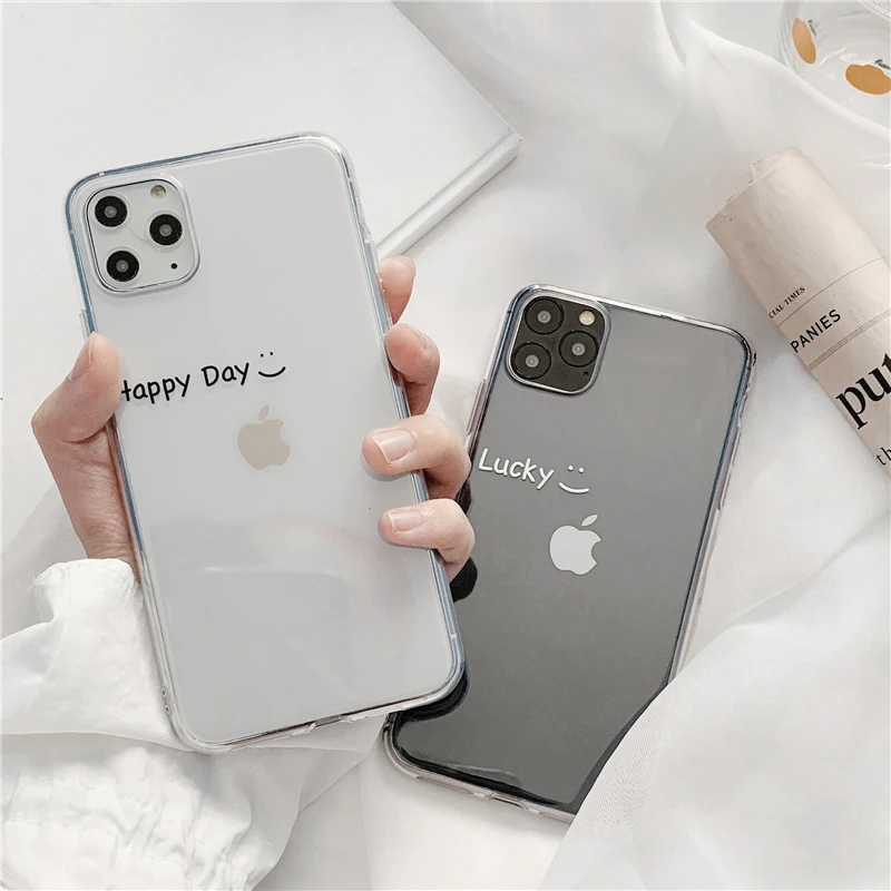 Чехол с надписью Happy Lucky для iPhone 12 11 Pro max X XR XS MAX чехол 8 7 plus прозрачный мягкий