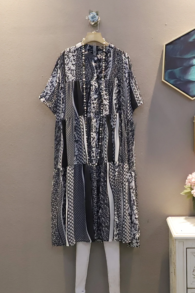 

SuperAen 2021 Summer New Korean Retro Pattern Loose Plus Size Short-sleeved Chiffon Office Lady Dress