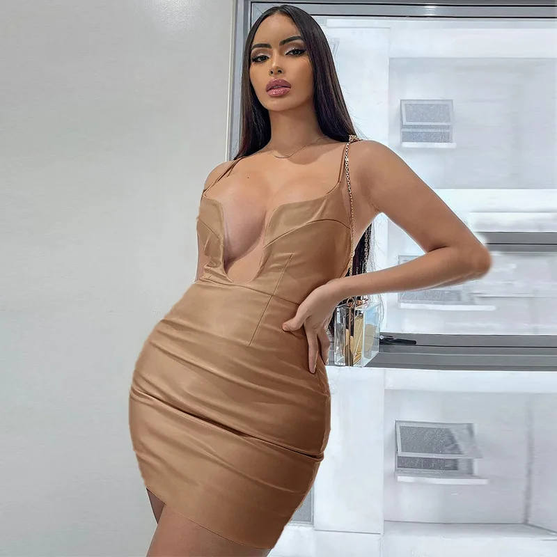 

2021 new women's sexy U-neck solid color sling bag hip leather skirt dress
