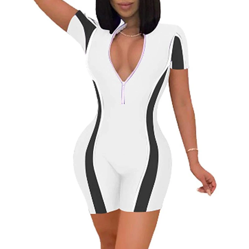 

Women Romper Playsuits Summer Sknny Casual Zipper Playsuits Women Clothing Bodycon Short Sleeve Bodysuit Romper Sports Playsuits