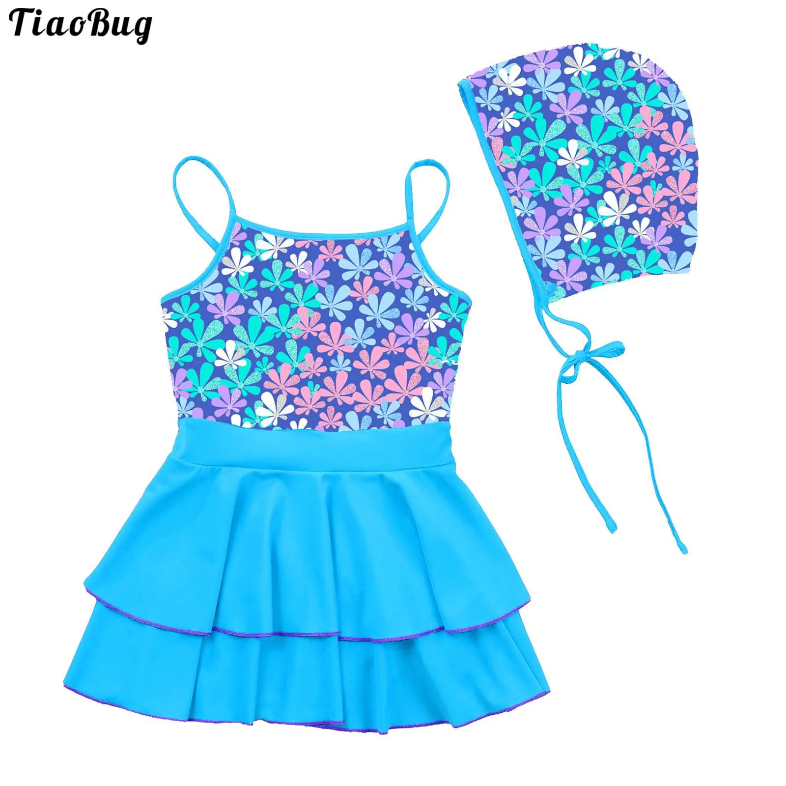 

TiaoBug Summer 2Pcs Kids Girls Swimming Suit Adjustable Straps Sleeveless Layered Dress With Hat Beach Bathing Pool Swimwear