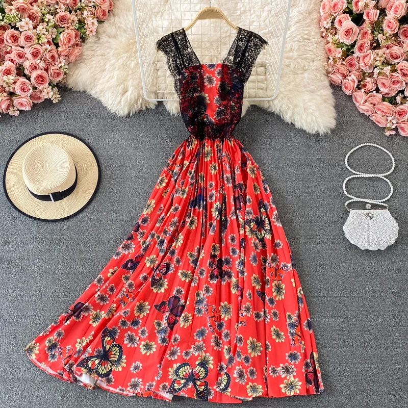 

Amolapha Women Summer Holiday Long Sundress Retro Sleeveless Lace Patchwork Strapless High Waist Printed Pleated Maxi Dress
