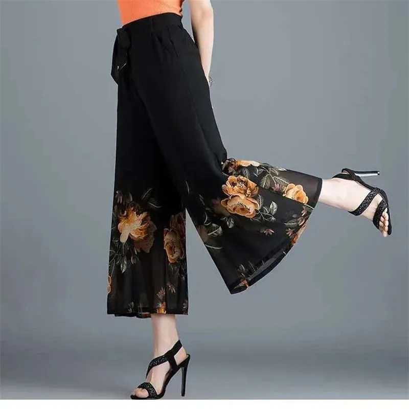 

Новые женские летние тонкие брюки с высокой эластичной талией и широкими штанинами, женские повседневные шифоновые юбки с принтом, брюки 4XL W2357