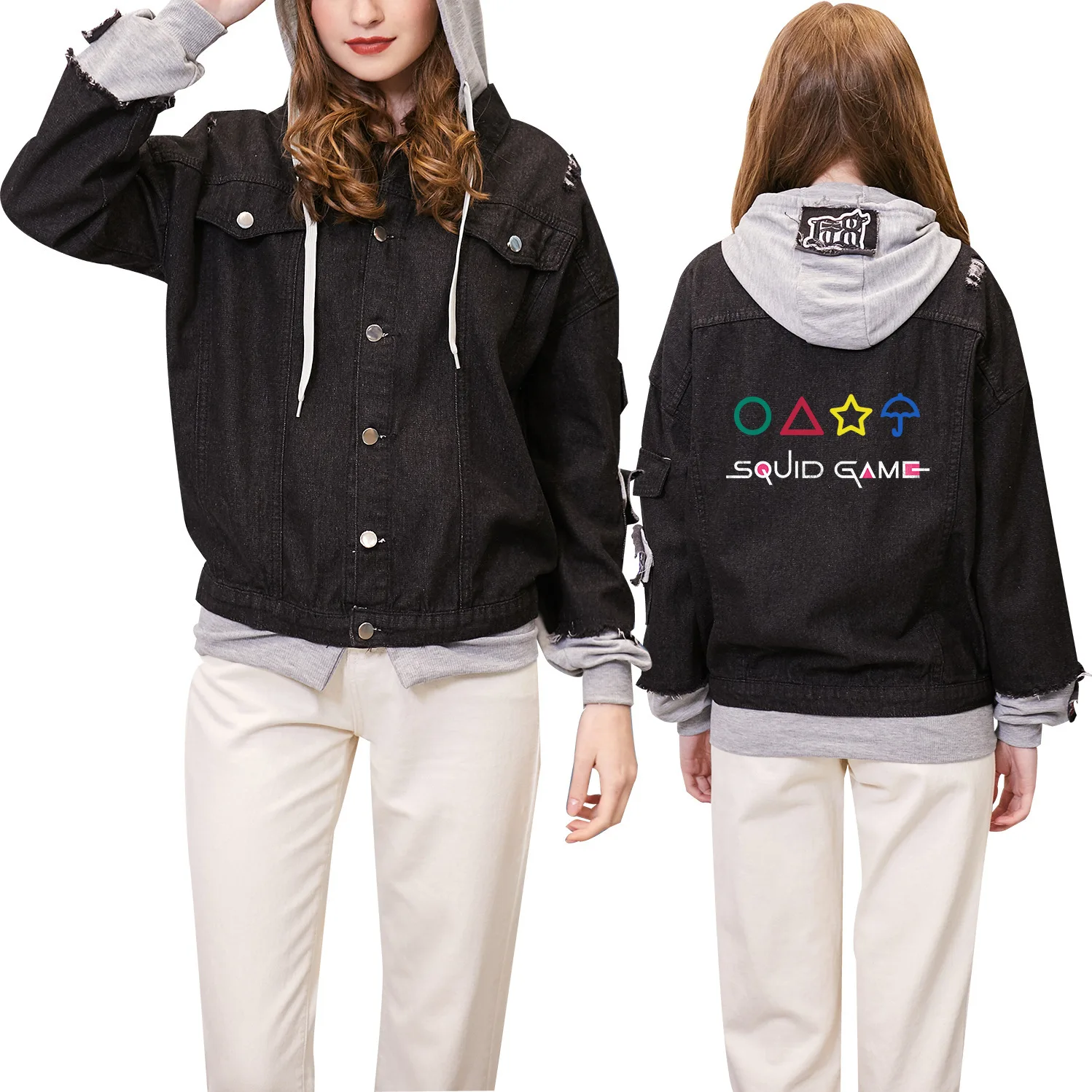 

2021 new Korean drama surrounding denim jacket fake two pieces of Korean fashion casual men's and women's models
