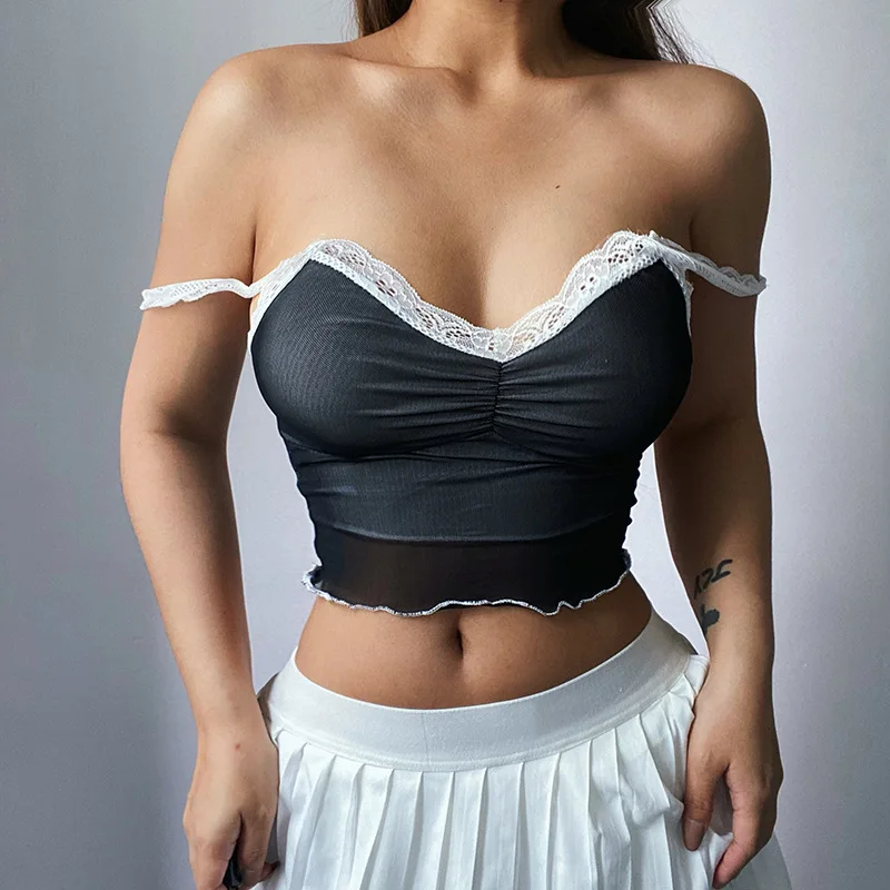 

2021 Summer Women's Wear Summer V-neck Lace Mesh Double-layer Navel Strap Vest Fashion Sexy Topcoat Tank Top Tops Women 2021