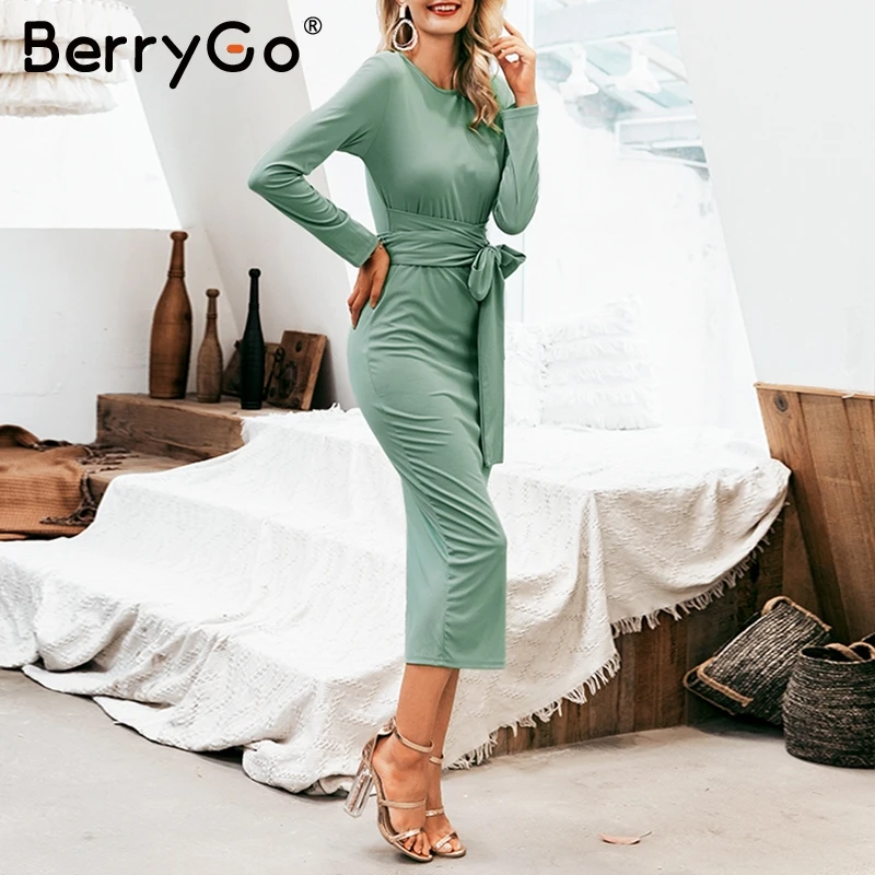 BerryGo элегантное кружевное женское платье миди с галстуком-бабочкой, высокая талия, офисные женские платья, осенне-зимние облегающие Женские вечерние платья