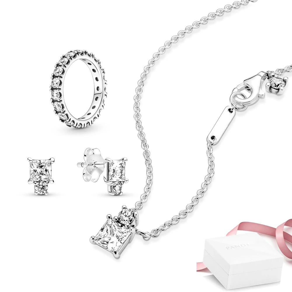

Luxury Brands Women Jewelry Silver 925 Real Gift Set Round And Square Pendant Necklace Earrings Original Ring Fast Shipping